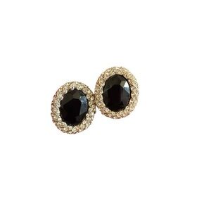 Vintage Gold Tone Rhinestoned Enamel Black Oval Clip On Earrings